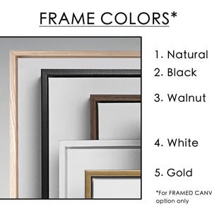 May include: Image showcasing five frame color options: natural, black, walnut, white, and gold. The text "FRAME COLORS*" is at the top, with a list of colors below. The text "*For FRAMED CANVAS option only" is at the bottom.