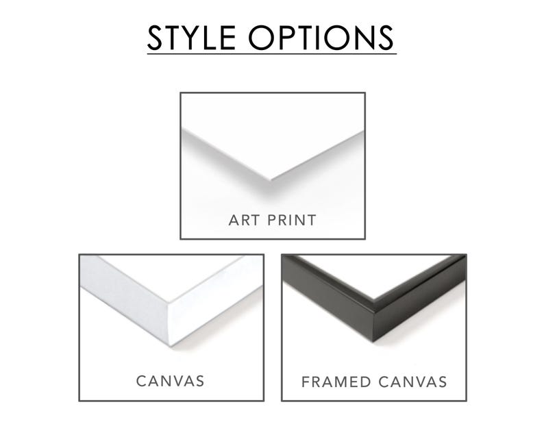 May include: Image displaying three style options for artwork: Art Print, Canvas, and Framed Canvas. Each option is represented by a small, square image showing a corner view of the product. The text "STYLE OPTIONS" is at the top.