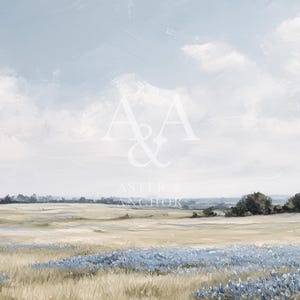 May include: An impressionistic landscape painting featuring a field of blue wildflowers in the foreground, with a golden field and trees in the mid-ground. The sky is a pale blue with fluffy white clouds. The text "A & A" and "ASTER & ANCHOR" is visible.