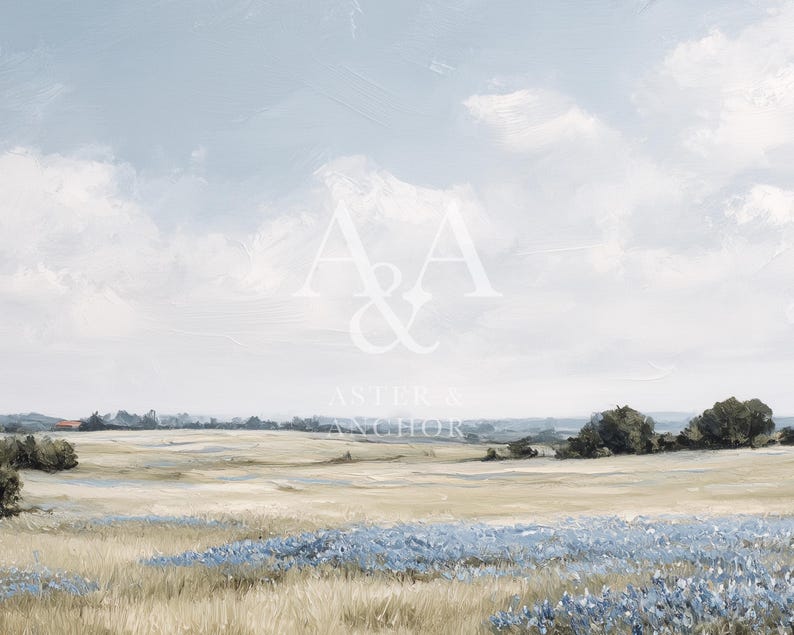 May include: An impressionistic landscape painting featuring a field of blue wildflowers in the foreground, with a golden field and trees in the mid-ground. The sky is a pale blue with fluffy white clouds. The text "A & A" and "ASTER & ANCHOR" is visible.