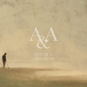 May include: An artistic print featuring a golfer in silhouette, set against a muted, textured background. The artwork includes the text "A & A" and "ASTER & ANCHOR" in a classic font, evoking a sense of timeless elegance and sport.