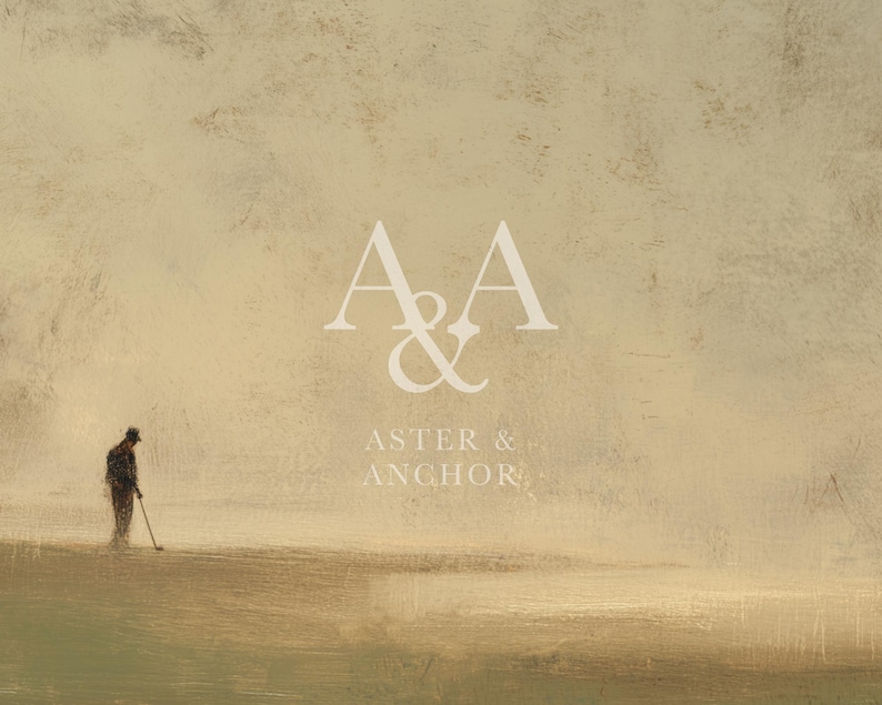 May include: An artistic print featuring a golfer in silhouette, set against a muted, textured background. The artwork includes the text "A & A" and "ASTER & ANCHOR" in a classic font, evoking a sense of timeless elegance and sport.