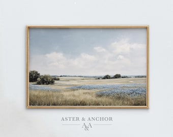 May include: A framed landscape painting depicts a serene field of wildflowers under a cloudy blue sky. The artwork features a gold-colored frame and the text "ASTER & ANCHOR" at the bottom.