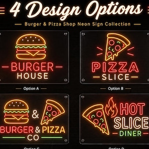 Op de afbeelding: Een collectie van vier rechthoekige neonreclames met burger- en pizzathema's. De borden tonen teksten zoals Burger House, Pizza Slice, Burger & Pizza Co en Hot Slice Diner, verlicht in levendige rode, gele, oranje en groene neonkleuren.