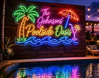 Custom Poolside Neon Sign, Tropical Palm Tree LED Light, Beach House Decor, Oasis Sign, Outdoor Patio Neon Wall Art, Gift for Summer Bar