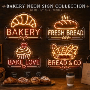 Könnte beinhalten: Neonschilder für eine Bäckerei mit den Worten "Bakery", "Fresh Bread", "Bake Love" und "Bread & Co". Die Schilder sind in warmen Farben gehalten und zeigen ein Croissant, ein Brot, einen Cupcake und einen Brotkorb. Das Bild enthält auch eine Papiertüte mit "Fresh Baked".