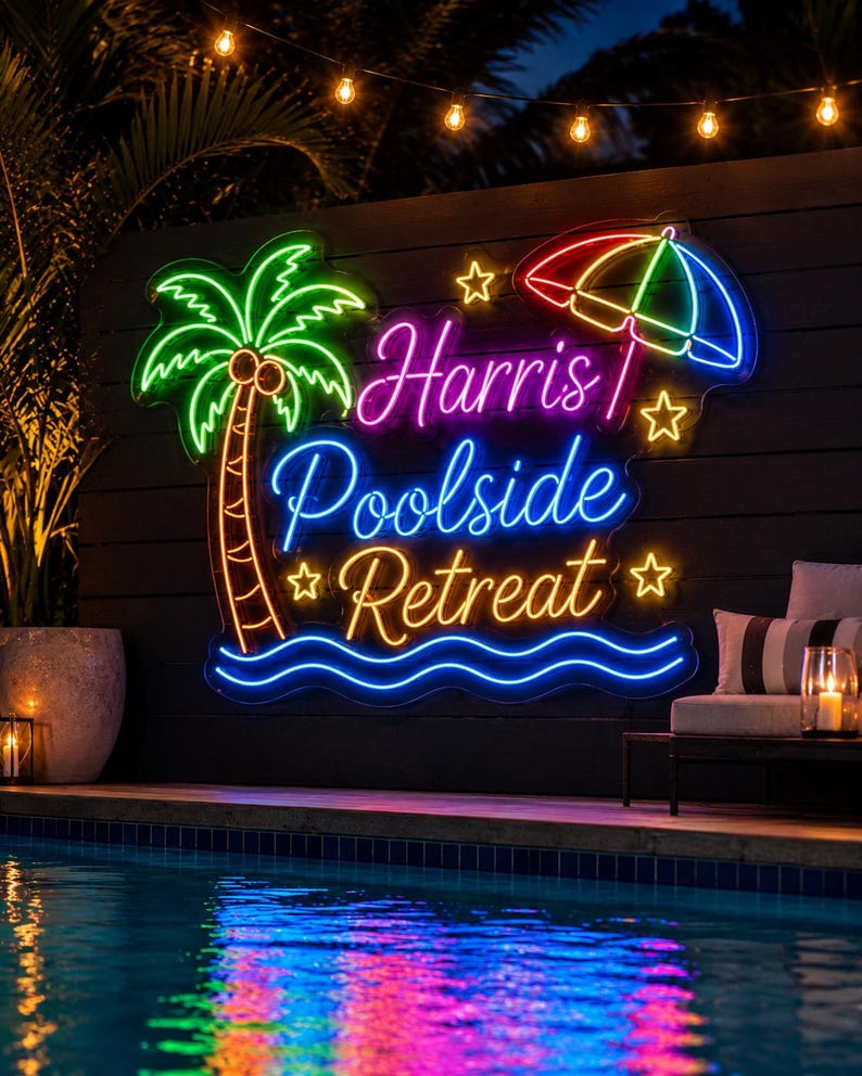 May include: A custom neon sign featuring a green palm tree, a multicolored beach umbrella, and yellow stars. The text reads Harris Poolside Retreat in pink, blue, and orange script lettering, with a blue wavy line at the bottom base.