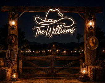 Custom Cowboy Hat Neon Sign | Personalized Western LED Name Sign for Ranch, Rustic Country Home Bar Decor, Cowboy Gift for Him