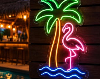 Tropical Flamingo Neon Sign, Palm Tree LED Neon Light, Pool Bar Wall Decor, Tiki Bar Sign, Beach House Patio Decor, Summer Party Gift