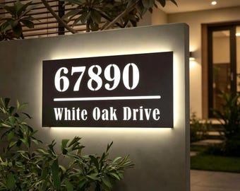 Custom Lighted Address Sign, Backlit House Number Plaque with Street Name, Outdoor LED Sign