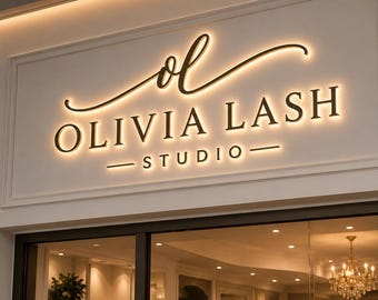 Custom Business Sign, Backlit Salon Sign, Illuminated Beauty Studio Logo Sign, Gold Halo Lit Storefront Sign, Acrylic Office Signage
