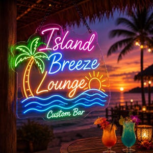 May include: A custom neon sign featuring the text Island Breeze Lounge Custom Bar in pink, blue, and yellow. The sign includes a green palm tree, a yellow sun, and blue ocean waves, all mounted on a clear acrylic backing with a black hanging chain.