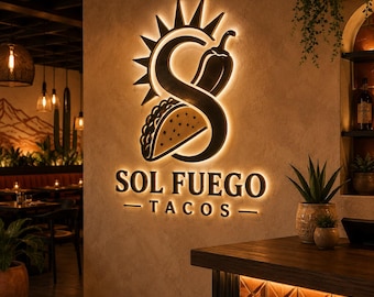 Custom Taco Shop Logo Sign, Backlit Metal Halo Lit Restaurant Wall Sign