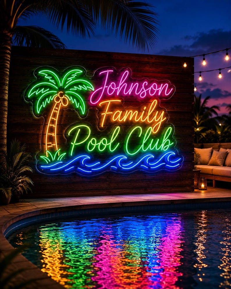 May include: A neon sign mounted on a wooden wall featuring a green palm tree, blue ocean waves, and the text Johnson Family Pool Club in pink, orange, and green script lettering. The sign is illuminated above a swimming pool at night.