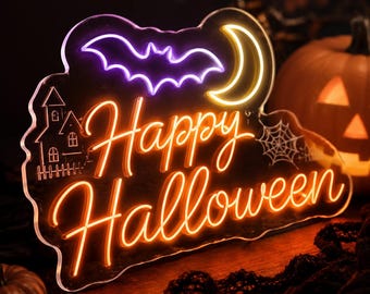 Happy Halloween Neon Sign, Bat Moon LED Neon Light, Spooky Halloween Wall Decor for Party, Home & Porch