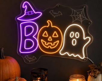 Halloween Neon Light, Pumpkin Ghost Bat LED Sign, Spooky Wall Decor for Halloween Party, Bedroom & Porch