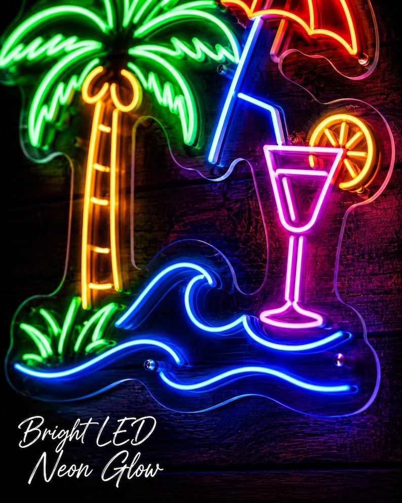 May include: A multi-colored LED neon sign featuring a green palm tree with an orange trunk, a blue ocean wave, and a pink cocktail glass with an orange slice garnish. The sign includes a red umbrella and the text Bright LED Neon Glow.