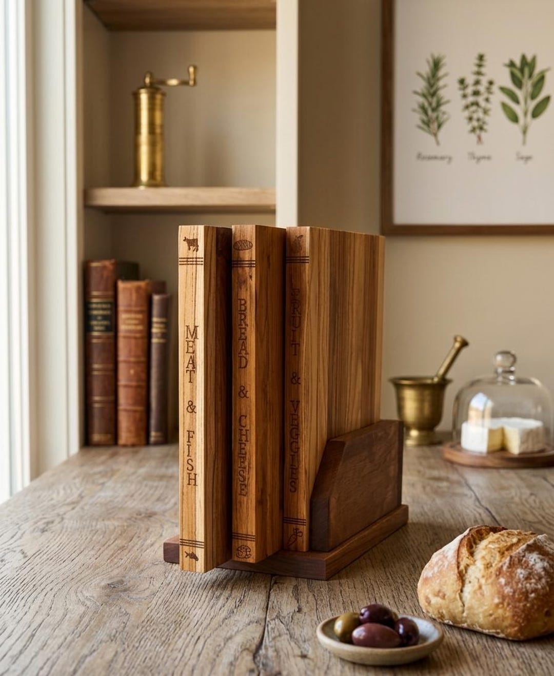 Teak Cutting Board Set, Book Style, Vertical Wood Organizer, Rustic Kitchen Decor