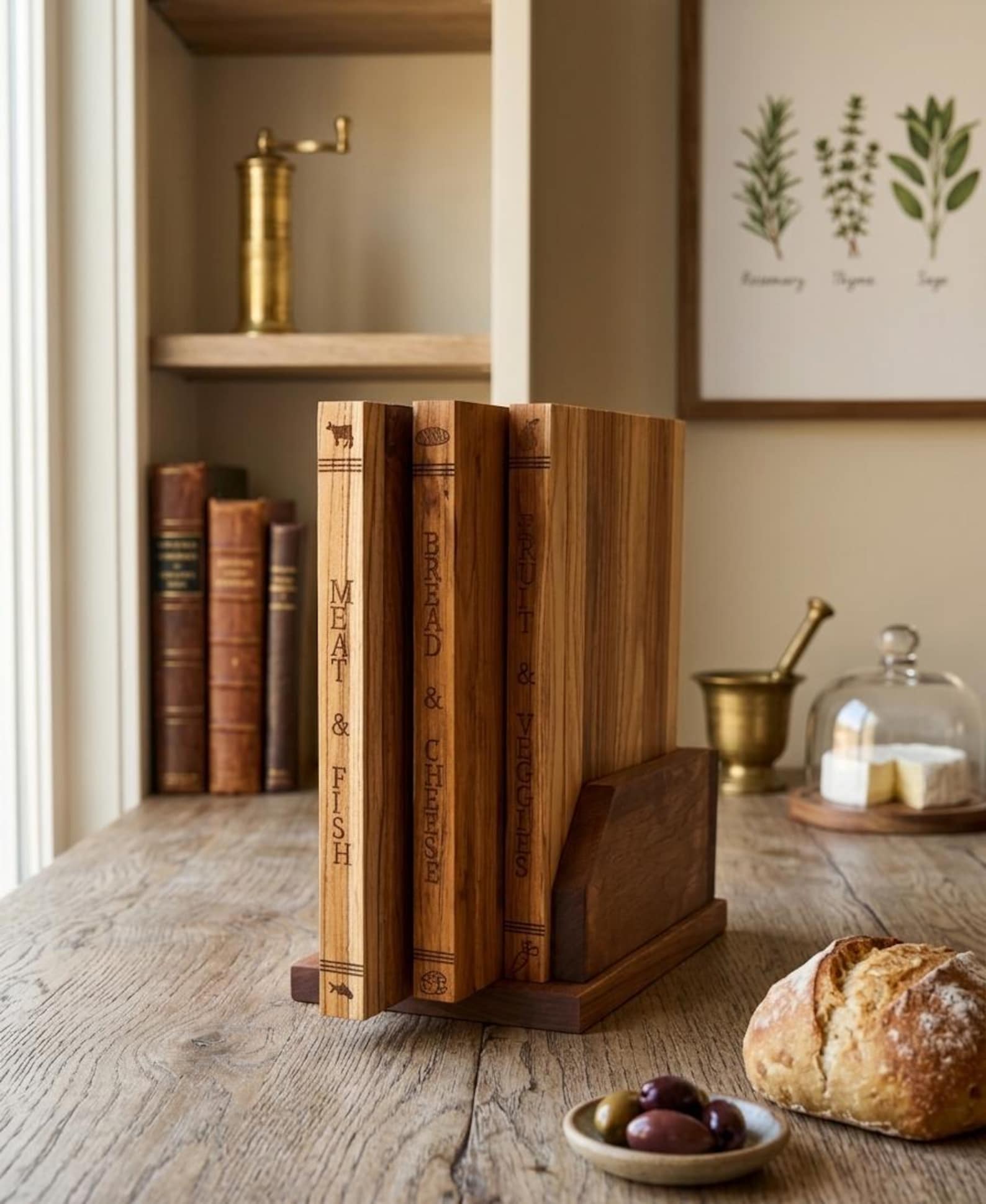Teak Cutting Board Set, Book Style, Vertical Wood Organizer, Rustic Kitchen Decor