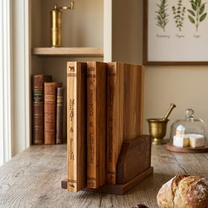 May include: Wooden cutting boards with engraved labels for meat & fish, bread & cheese, and fruit & vegetables. The boards are displayed in a wooden holder on a wooden table. A loaf of bread and a small bowl of olives are also on the table.