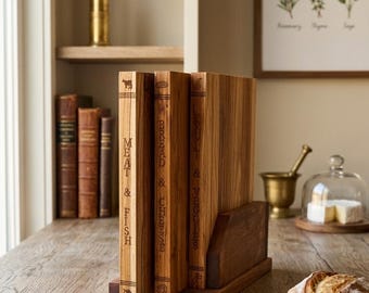 Set di taglieri in teak, stile libro, organizer verticale in legno, decorazione rustica per la cucina.
