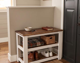 Entryway shoe bench with storage, wood seat, hallway organizer