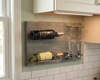 Casier à vin mural personnalisé avec support en verre, étagère de bar en bois rustique