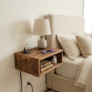 May include: A floating rectangular wooden nightstand with a dark brown wood grain finish. The top surface holds a beige table lamp, a black circular power outlet with a charging cable, and a smartphone. The open shelf contains two books and a small vase.
