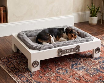 Custom name dog bed, raised wood platform, washable cozy gray plush cushion