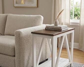 Handcrafted Farmhouse End Table with Storage Shelf | Slim Wood Sofa Accent Table | Fully Assembled!!