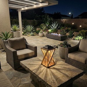 Wooden solar lantern, outdoor patio light, warm LED, rustic garden decor