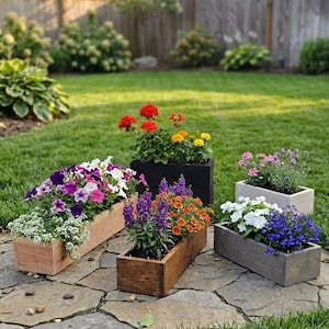 May include: Five rectangular wooden planters filled with colorful flowers sit on a stone patio. The planters are stained in various colors, including natural wood, black, and gray. The flowers include red, orange, purple, white, and blue blooms, creating a vibrant garden display.