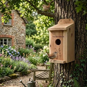 Könnte beinhalten: Ein Vogelhaus aus Holz mit einem runden Eingangsloch ist an einem Baumstamm befestigt. Das Vogelhaus hat ein schräges Dach und der Text "The Bird House" ist sichtbar. Zwei kleine braune Vögel sitzen in der Nähe des Vogelhauses. Ein Garten und ein Steinhaus sind im Hintergrund.