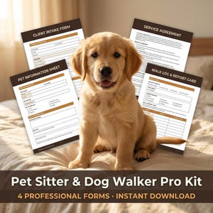 Può includere: Un cucciolo di golden retriever è seduto di fronte a quattro moduli professionali per dog sitter e dog walker. I moduli includono un modulo di accettazione del cliente, una scheda informativa sull'animale, un contratto di servizio e un registro delle passeggiate. Il testo dice "Pet Sitter & Dog Walker Pro Kit".
