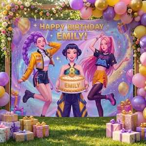 May include: A birthday party scene with a banner that reads "HAPPY BIRTHDAY EMILY!" Three cartoon figures stand in front of the banner. A cake with the name "EMILY" is held by one of the figures. Balloons and wrapped gifts decorate the scene.