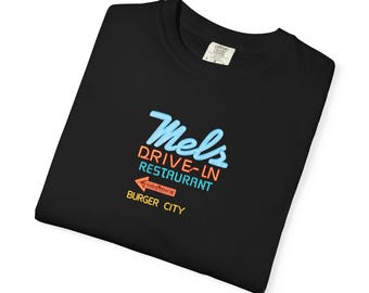 Mel's Drive In T-Shirt Unisex Cotton Vintage American Car Enthusiast Mechanic ffiti Gift 1950's Cruising Diner Sign Neon