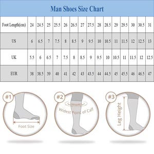 May include: A shoe size chart for men, with measurements in centimeters, US, UK, and EUR sizes. The chart includes foot length, US, UK, and EUR sizes. Diagrams illustrate foot size, calf width, and leg height for accurate measurements.