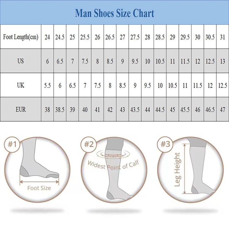May include: A shoe size chart for men, with measurements in centimeters, US, UK, and EUR sizes. The chart includes foot length, US, UK, and EUR sizes. Diagrams illustrate foot size, calf width, and leg height for accurate measurements.