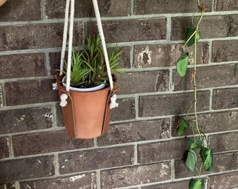 Leather  and Cotton Pot Holder Plant Hanger