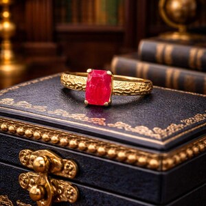 Sterling Silver Rose Gold Tone Ring, Lab Ruby Style Rectangular Cut Stone