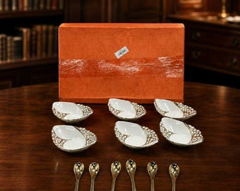 Vintage Cinderella Gold Trim Dessert Bowl Dishes with Spoons