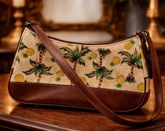 Liz Claiborne Pineapple Print Woven Shoulder Bag Tan Brown Tropical Straw Style Purse