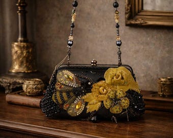 Mary Frances Retired Beaded Bee & Floral Embellished Frame Clutch | Black Yellow Statement Evening Bag