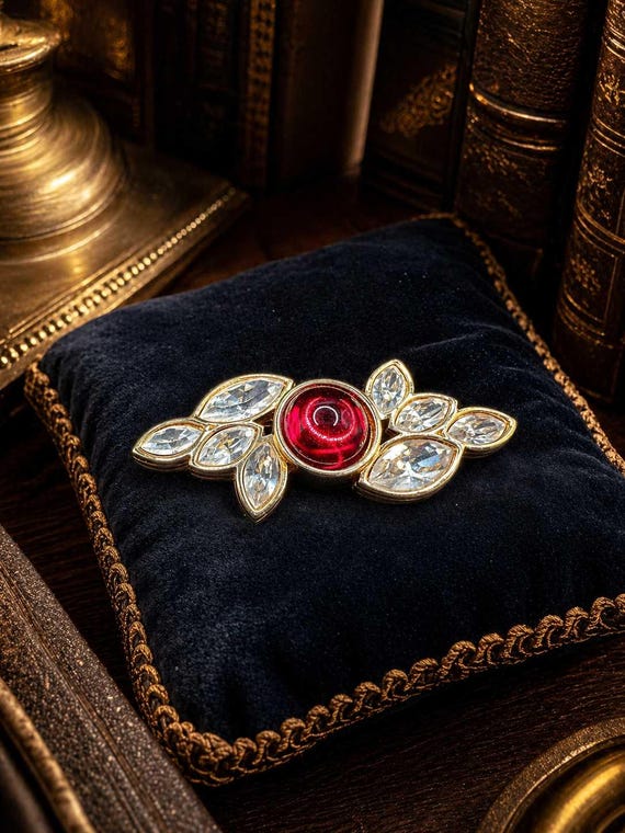S.A.L. Swarovski America Ltd. Gold Tone Red Cabochon Crystal Leaf Brooch