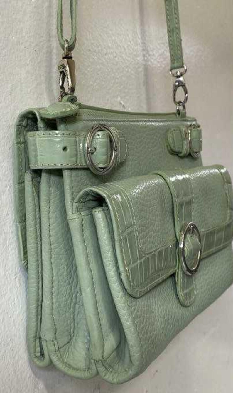 Brighton Mint Green Croc Embossed Leather Mini Organizer Crossbody Bag Y2K Belted