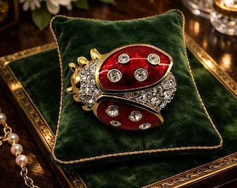 Gold Tone Enamel Crystal Ladybug Brooch, Vintage Style Insect Pin