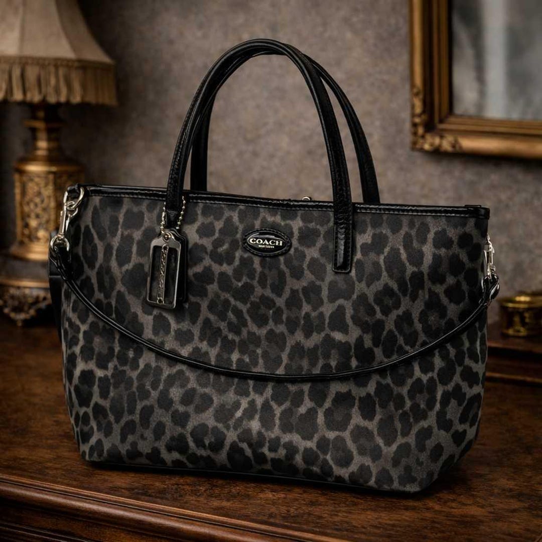 Coach Leopard Notebook Coach Leopard Print Tote Black Gray Patent Trim Shoulder Bag Animal ...