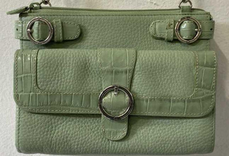 Brighton Mint Green Croc Embossed Leather Mini Organizer Crossbody Bag Y2K Belted