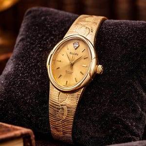 Vintage Elgin Gold Tone Diamond Accent Watch – Textured Bracelet Oval Dial For Repair