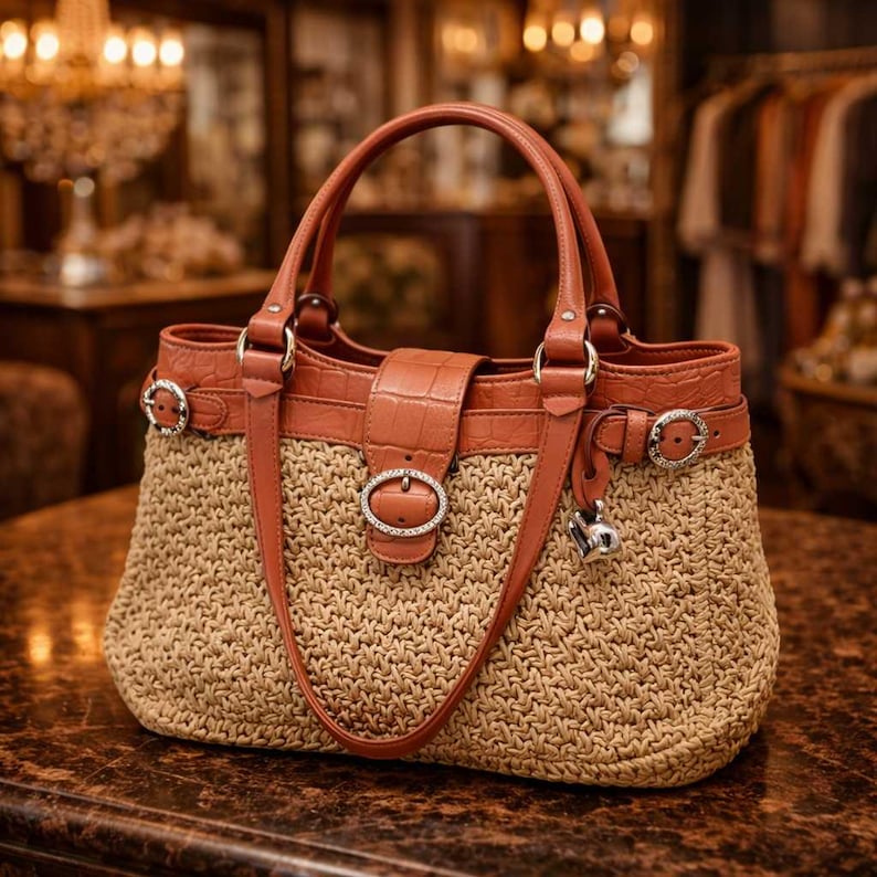 Brighton Straw and Coral Leather Satchel Bag Woven Raffia Shoulder Handbag Resort Purse